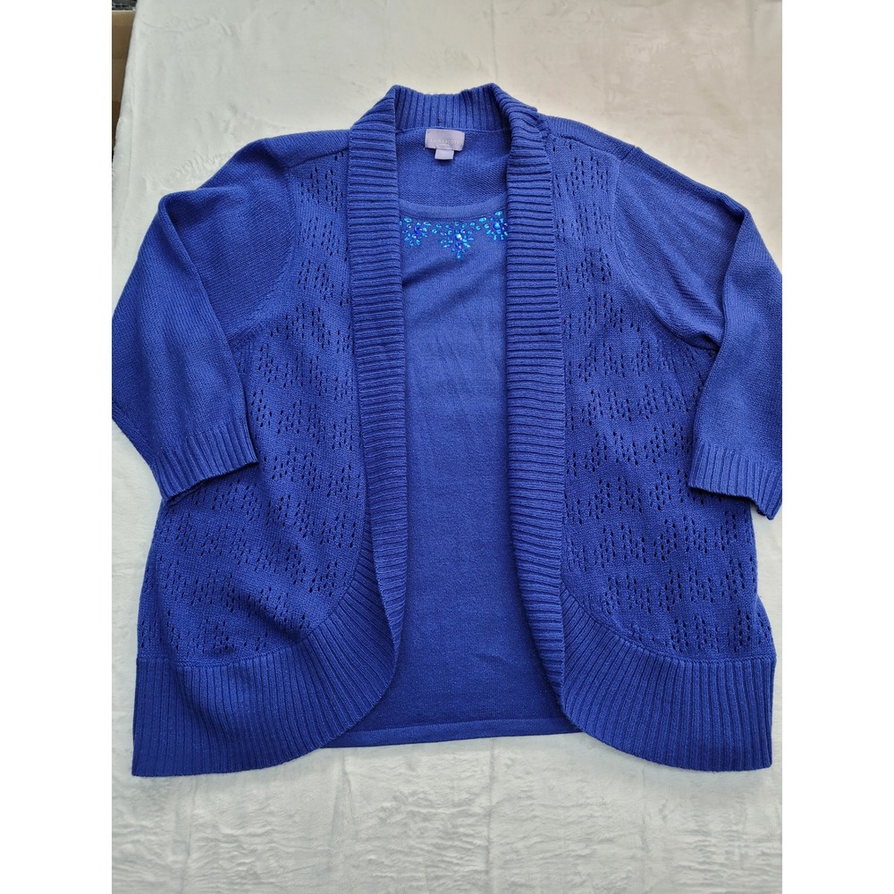 Laura Scott Cardigan Twin Set Women‎ 2X Blue Metallic Rhinestone Knit